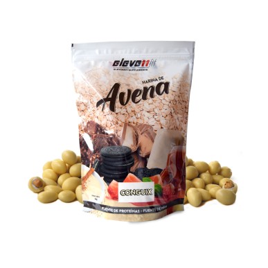 Farine d'avoine Conguix 1 kg d'Elevenfit : sachet de flocons d'avoine, fond décoratif avec chocolats et biscuits, et étiquette C