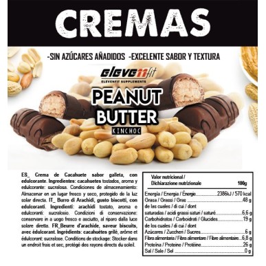 Beurre de cacahuète sans sucre aromatisé Kinchoc, présenté dans un pot orné de gâteaux et de cacahuètes, avec le logo Elevenfit 