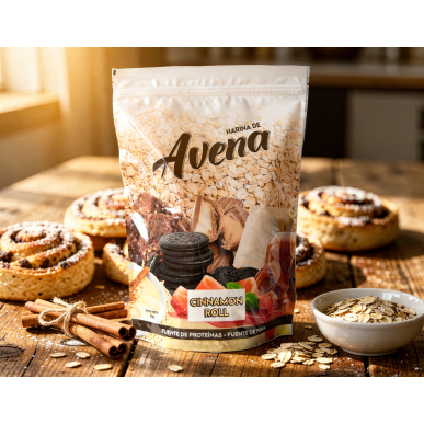 Harina de avena Cinnamon Roll de Elevenfit en bolsa, rodeada de bollos y galletas, con canela y avena visibles.
