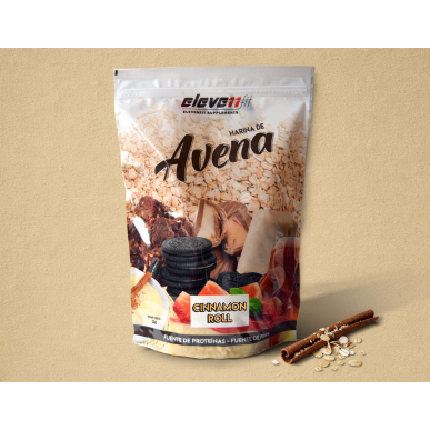 Harina de avena Cinnamon Roll en bolsa con granos de avena, galletas y chocolates; etiqueta Cinnamon Roll y logo Elevenfit.