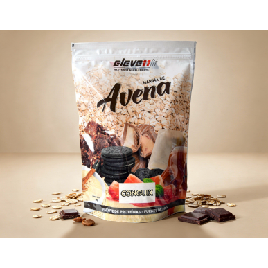 Farine d'avoine Conguix 1 kg en sachet avec biscuits, chocolat et fruits, logo Elevenfit, fond beige.