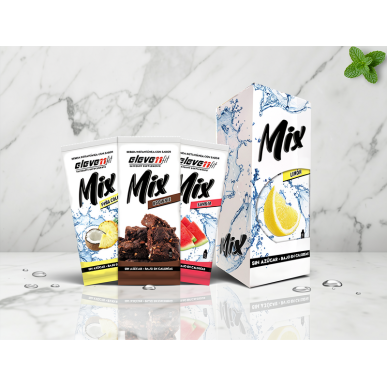 Pack de 12 sobres variados Mix de sabor limon, brownie y sandía, caja decorativa a la vista con fichas de limón y agua.